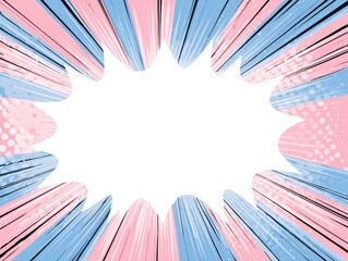 Abstract comic book-style background with a white speech bubble.  Pink and light blue stripes radiate outward from a central point, framing a large, empty, white speech bubble.  