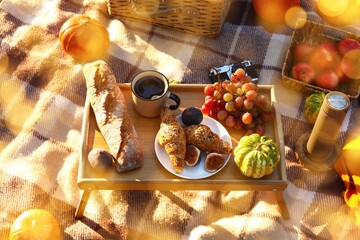 Table with tasty food and coffee on plaid in autumn park