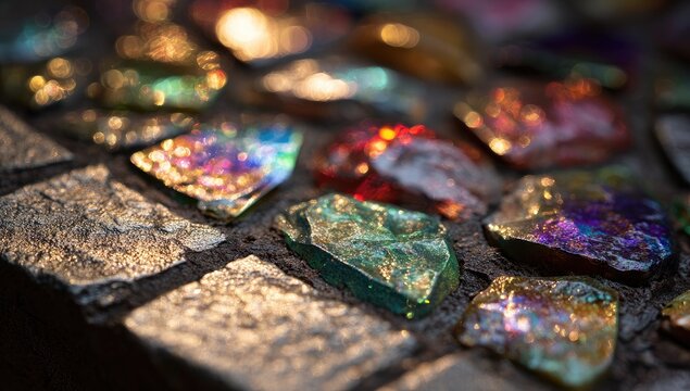 Close-up of a mosaic pavement, multicolored iridescent glass shards