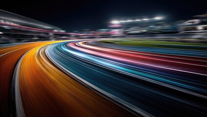 Night race track, blurred motion of colorful lines.  Racing, vibrant streaks of light, curves of a track,  stadium,  sports,  speed, dynamic,  action,  nighttime