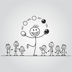 A Stick man cartoon drawing of a man juggling balls with a group of children watching.
