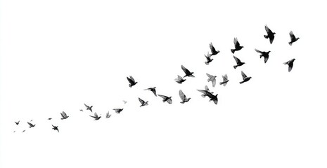 Flock of birds in flight, a curved path against white