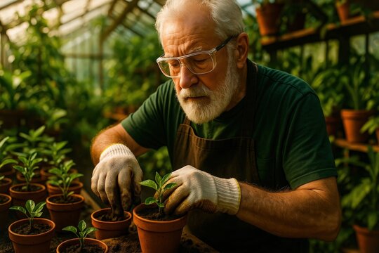 Elderly Gardener Caring for Seedlings in Botanical Greenhouse

 - Powered by Adobe