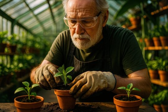 Elderly Gardener Caring for Seedlings in Botanical Greenhouse

