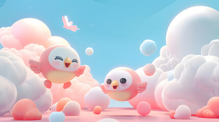 3d Cartoon chibi Thunderbird bird vs spirit cloud