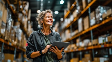 Smiling Businesswoman Using Tablet in Warehouse – Modern Logistics and Inventory Management Concept