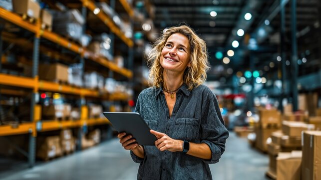 Smiling Businesswoman Using Tablet in Warehouse – Modern Logistics and Inventory Management Concept - Powered by Adobe