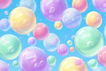 Pastel colored bubbles float in a light blue sky
