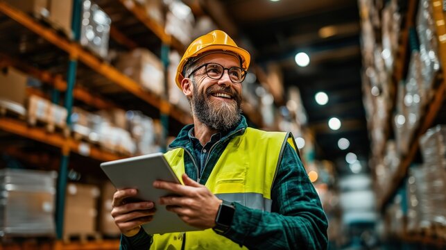 Smiling Warehouse Workers with Digital Tablets – Industrial Logistics and Inventory Management