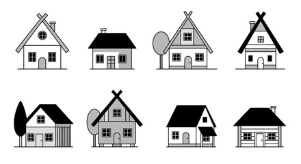 Quirky monochrome cottages and cabins, each with its own charm, perfect for cozy village scenes, storybooks, or whimsical architectural designs.