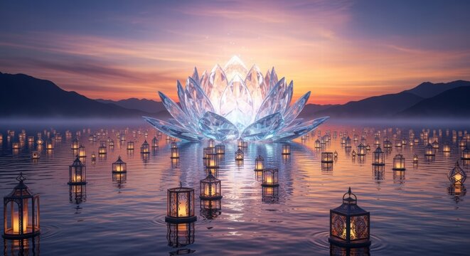 Crystal Lotus Flower Floating on Lake with Lanterns at Golden Sunset