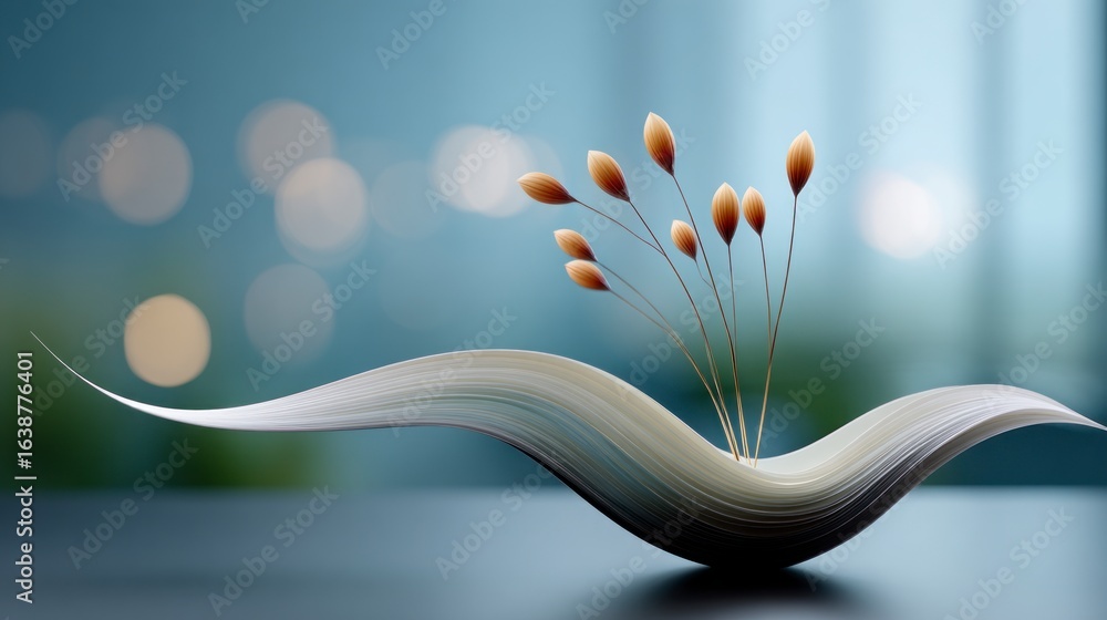 Poster delicate wheat stalks emerge from a flowing paper sculpture on a dark surface with soft bokeh backgr