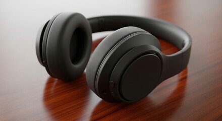 Modern Black Headphones on a Wooden Surface in Soft Lighting