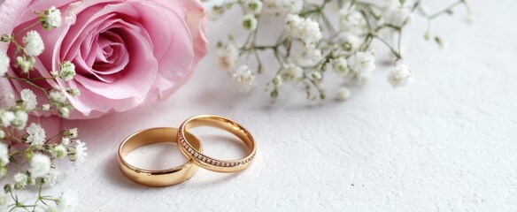 Delicate wedding details. A soft pink rose and small white flowers surround two gold wedding bands on a white textured surface