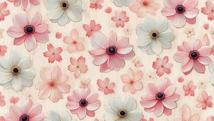 Seamless floral pattern with anemones and cherry blossoms water color