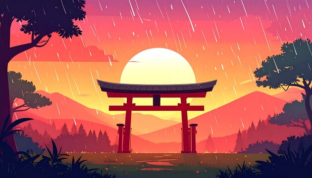 Rainy sunset view with a torii gate.