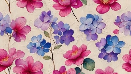 Seamless pattern with hydrangeas and camellias water color