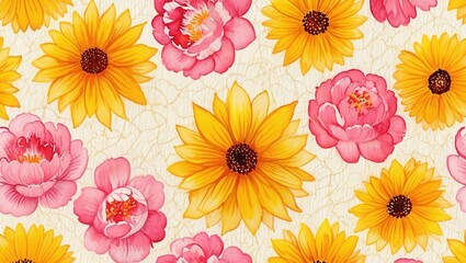 Handmade seamless floral pattern featuring sunflowers and peonies water color