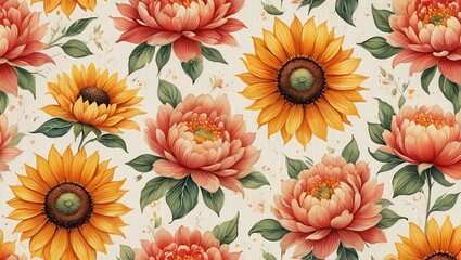 Handmade seamless floral pattern featuring sunflowers and peonies water color