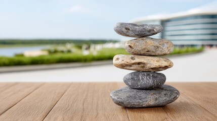 Stacked zen stones on a wooden surface with a blurred background of modern architecture