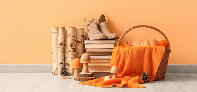Books, autumn mushrooms, firewood and boots near orange wall
