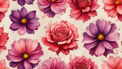 Seamless pattern with dahlias and roses water color