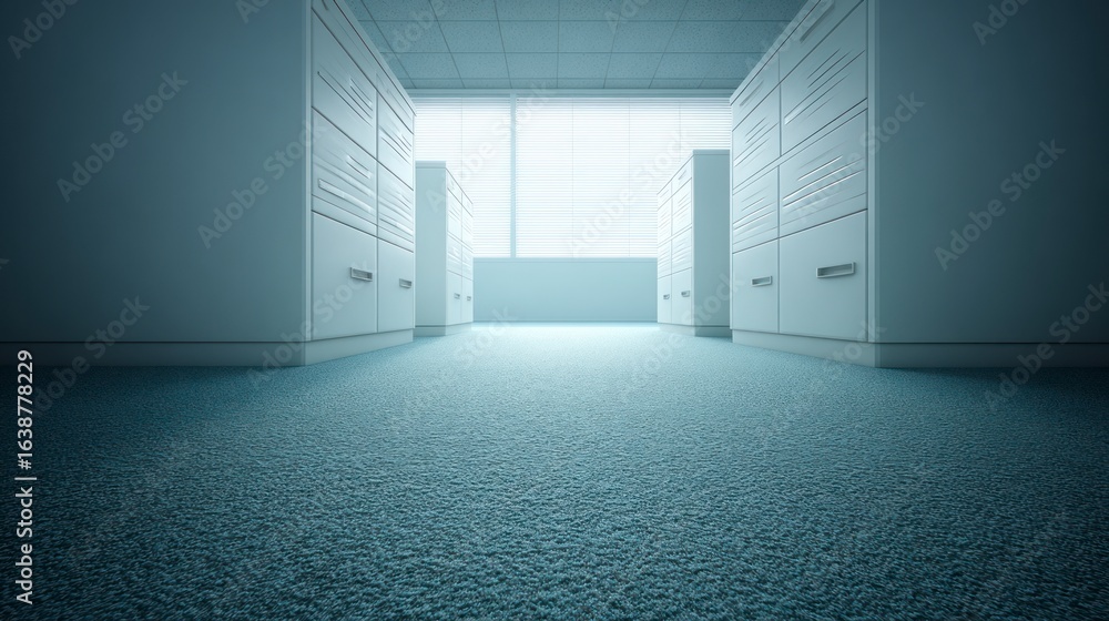 Poster empty office corridor with rows of filing cabinets and a bright window