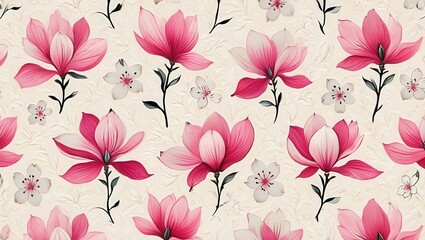 Seamless Japanese floral pattern with magnolias and cherry blossoms water color
