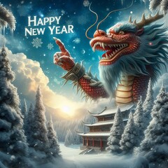 Chinese Dragon pointing his finger at a Happy New Year text in the sky, winter Christmas snowy landscape background, pine trees, Christmas and new years carD, created with generative ai