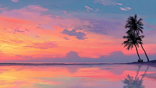 Couple watching sunset on tropical beach, ocean reflection, peaceful sky, travel poster - Powered by Adobe