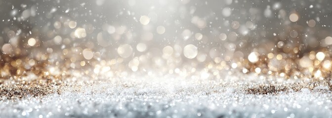 Shimmering, festive backdrop of golden and silvery light bokeh and glitter