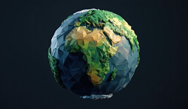 Low-poly Earth model, rotating, dark background, global concept, sustainability - Powered by Adobe