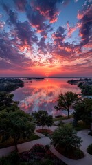 Scenic sunrise over lake, with parkland below
