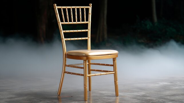 A single elegant gold chiavari chair stands on a concrete floor amidst swirling white fog