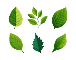 Fototapeta premium Six stylized, vibrant green leaves arranged in a grid against a plain white background. Each leaf displays a unique shape and subtle shading, giving a 3D effect