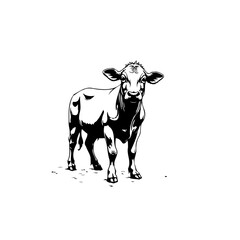 Detailed black and white illustration of a standing cow, suitable for graphics and design