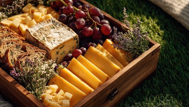 Wooden cheese board filled with assorted cheeses, grapes, and bread