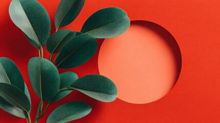 Abstract Floral Design With Green Leaves On Red Background