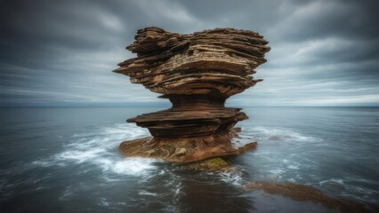 Striking Layered Sandstone Sea Stack in Serene Ocean Under Dramatic Streaky Sky