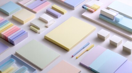 A minimalist pastel-colored stationery set arranged in a flat lay style with soft, diffused lighting showcases pens, notebooks, paper clips, and a ruler on a neutral background.