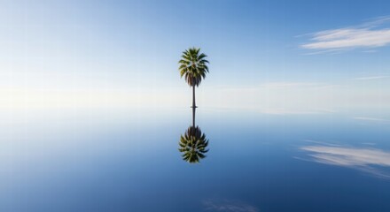 Fototapeta premium Lone Palm Tree Reflecting in Still Blue Water Under Bright Sky