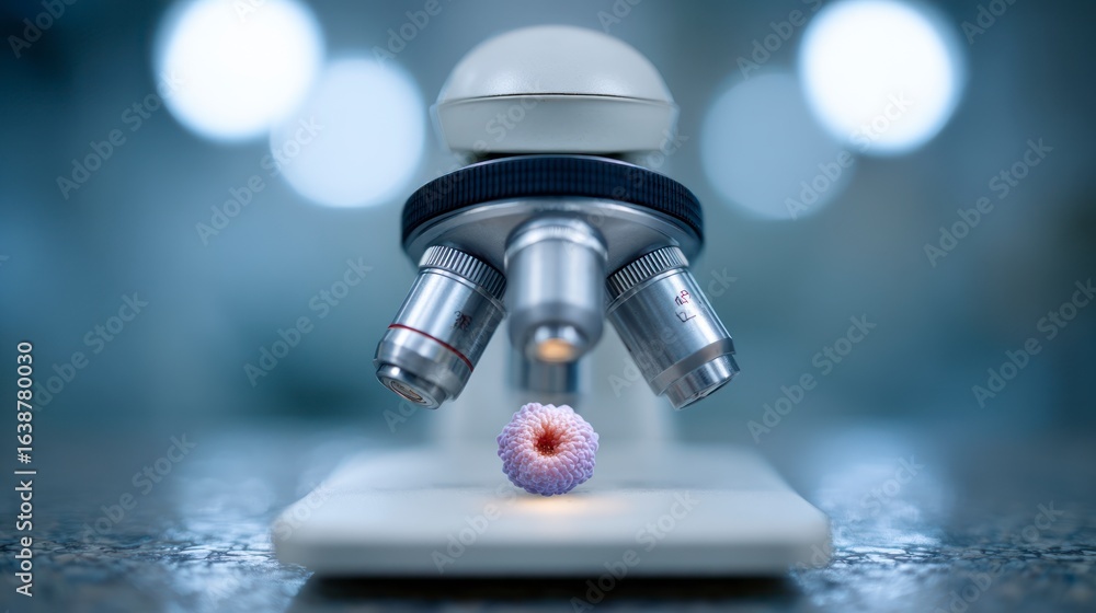 Poster microscope objective lenses focused on a purple segmented spherical object