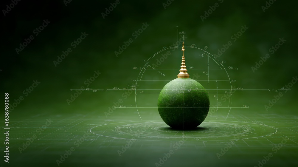Poster green globe with golden spire superimposed with technical blueprints and circular diagrams