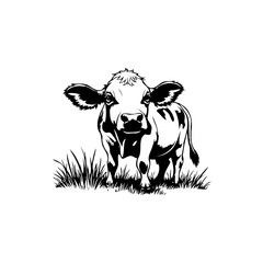 Black and White Vector Illustration of a Cow Grazing in a Grassy Field Isolated