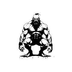 Intense Monochrome Illustration: Powerful Muscular Figure with Fierce Determination