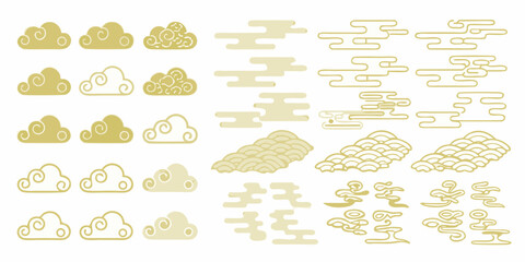 Collection of traditional japanese clouds and wave patterns in gold and cream