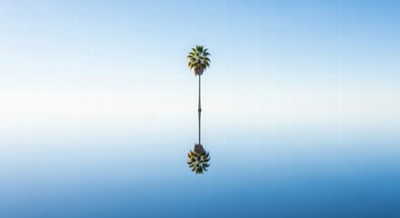 Fototapeta premium Palm Tree Reflection on Water, Tranquil Blue Sky, Minimalist Composition