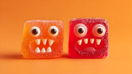 Two cute monster shaped candies on orange background Halloween treats