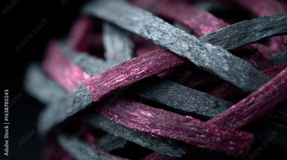 Poster close up of interlaced textured strands in gray and deep pink with a dark background