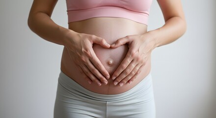 Pregnant woman making a heart shape with her hands over her belly.